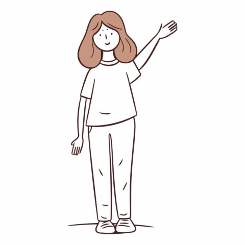 Young woman waving hand in doodle style.