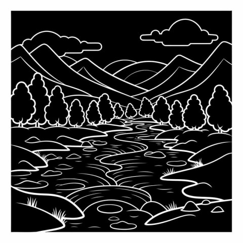 Black and white landscape with river and mountains for coloring