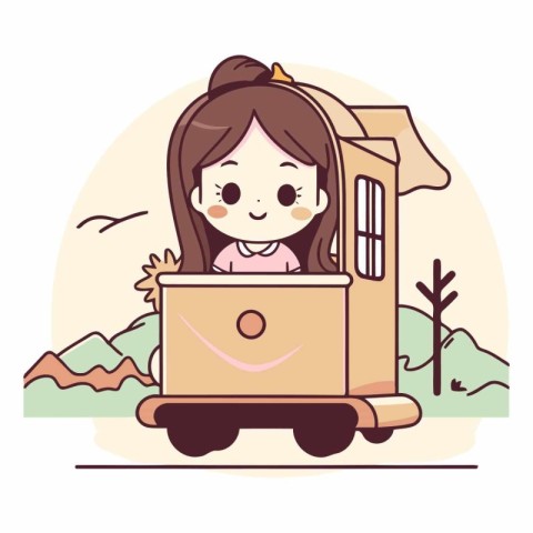 Cute little girl using a laptop while riding a train.