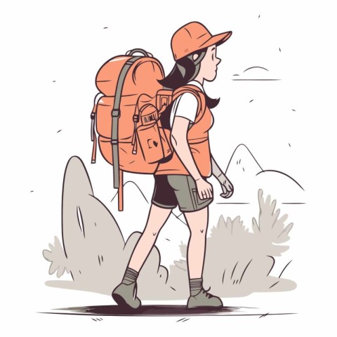 Hiker girl with a backpack in sketch style.