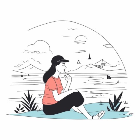 Girl sitting on the bank of the lake in sketch style.