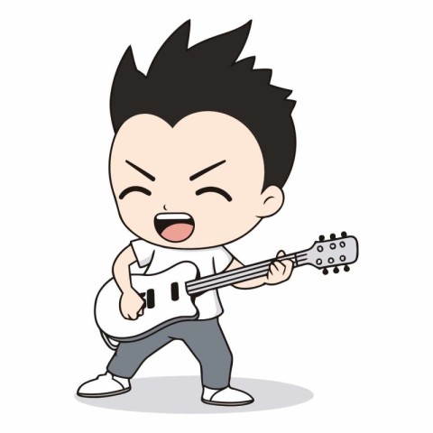 Guitar - Cute Little Guitar Player Cartoon Vector Illustration