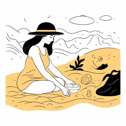 Vector illustration of a girl in a hat sits on the sand and drin