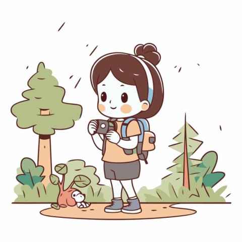 Illustration of a Kid Girl Hiking in the Park with a Dog