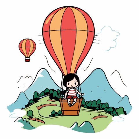 Cute little girl flying on hot air balloon.