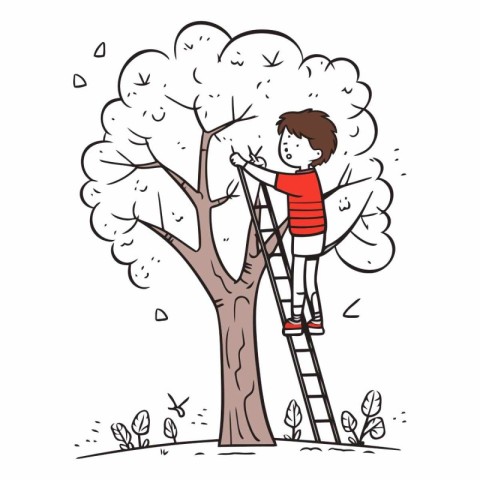 Cute little boy climbing the ladder to the tree.