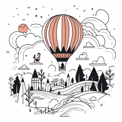 Hand drawn vector illustration of a hot air balloon flying over