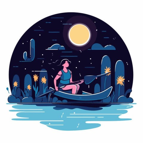 Vector illustration of a girl in a boat on the river at night.