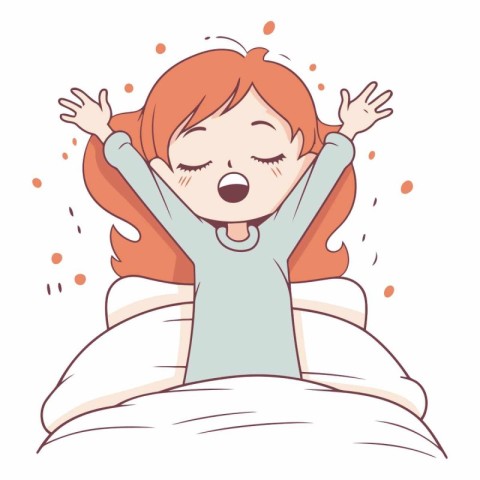 Illustration of a Cute Red Haired Girl Waking Up in the Morning