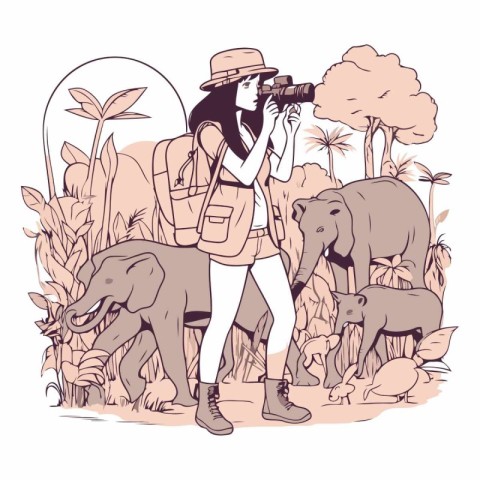 Vector illustration of a tourist girl with a camera and a wild e