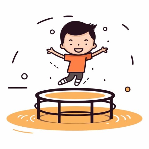 Cute happy boy jumping on trampoline.