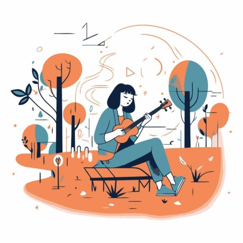 Vector illustration of a girl playing the guitar in the park. Fl