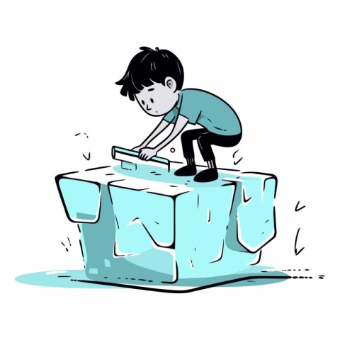 Cartoon illustration of a boy trying to push an ice cube.