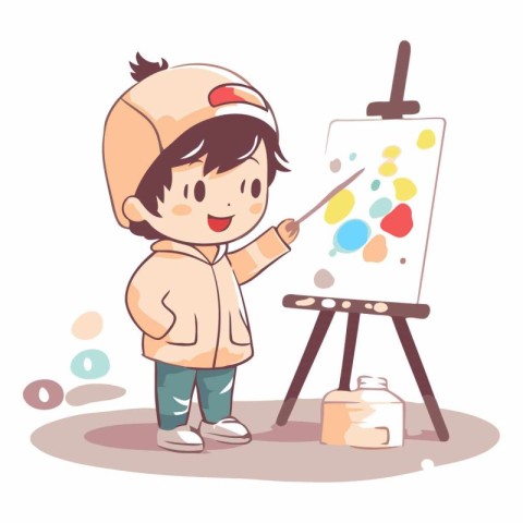 Cute little boy painting a picture on easel vector illustration.