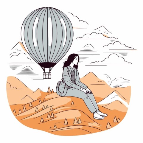 Vector illustration of a woman in the desert with hot air balloo