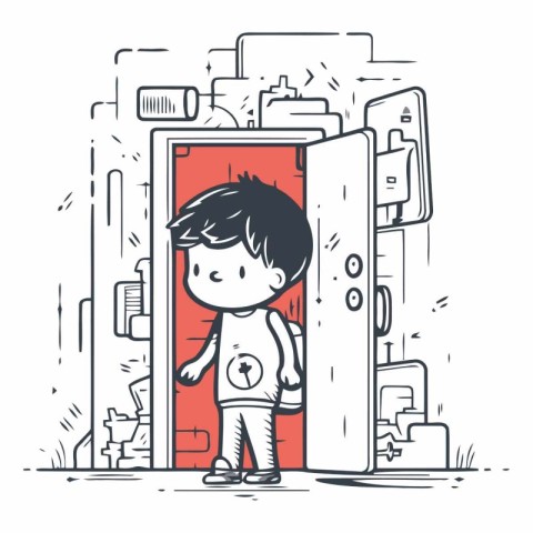 Cartoon illustration of a boy standing in front of the door.