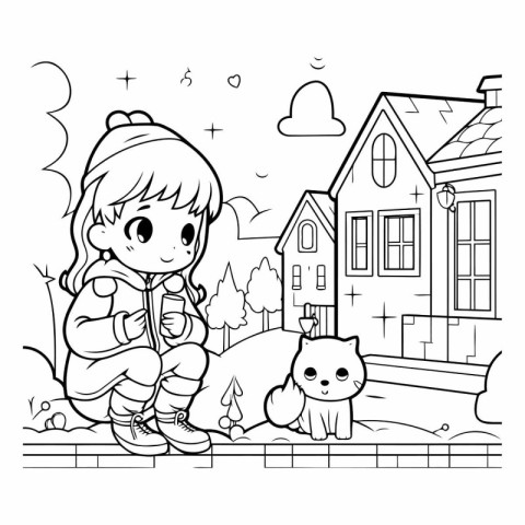 Cute little girl with cat for coloring book.