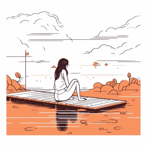 Girl sitting on a wooden pier in the lake.