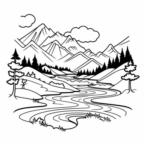 Mountain landscape with river and forest. Hand drawn vector illu