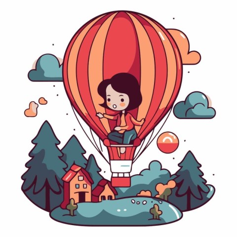 Vector illustration of a girl flying in a hot air balloon over t