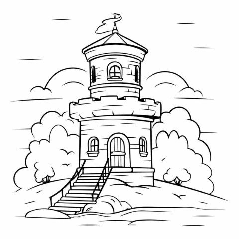 Cartoon illustration of a tower in the park. Line art.