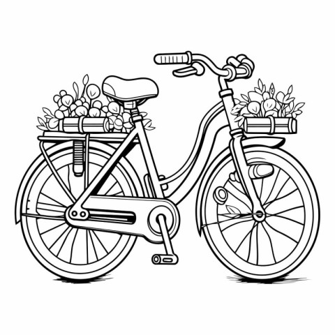 Bicycle with basket of flowers. Black and white vector illustrat