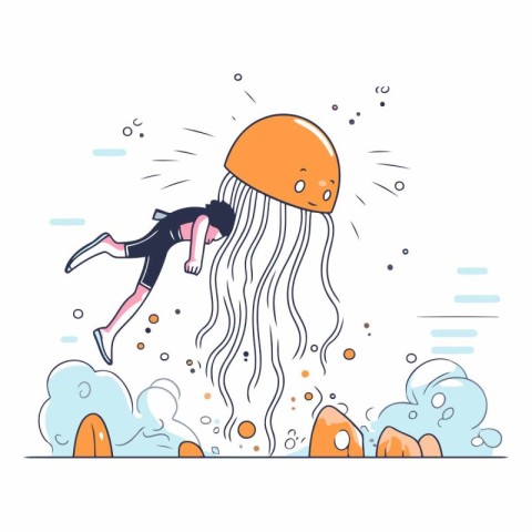 Vector illustration of a girl diving into the sea with a jellyfi