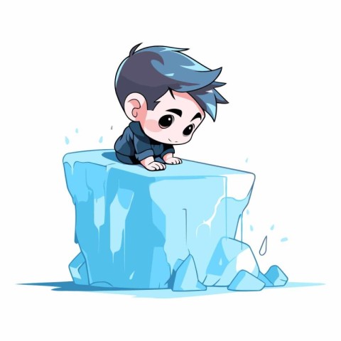 Cute little boy sitting on a block of ice.