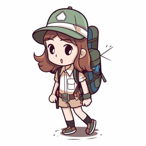 Illustration of a Hiking Girl with a Backpack and Hat