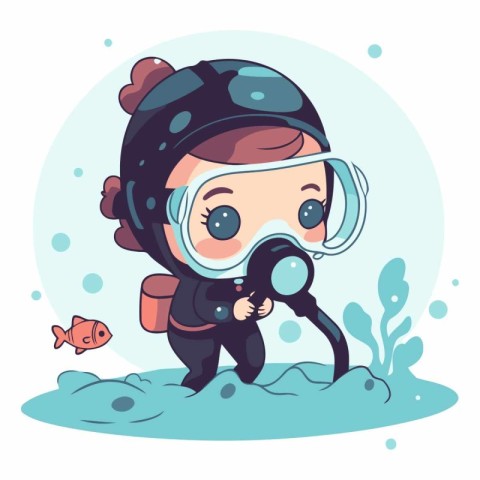 Cute little boy scuba diver in cartoon style.