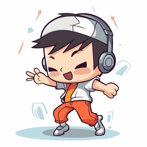 Boy playing video game with headphones. Cute cartoon vector illu