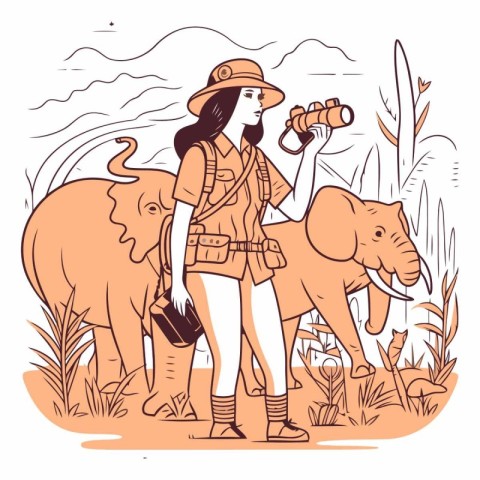 Tourist woman with elephant and binoculars.