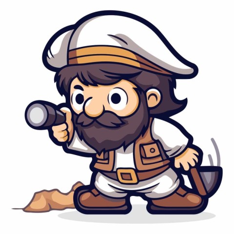 Cartoon pirate captain with a pipe and a shovel.