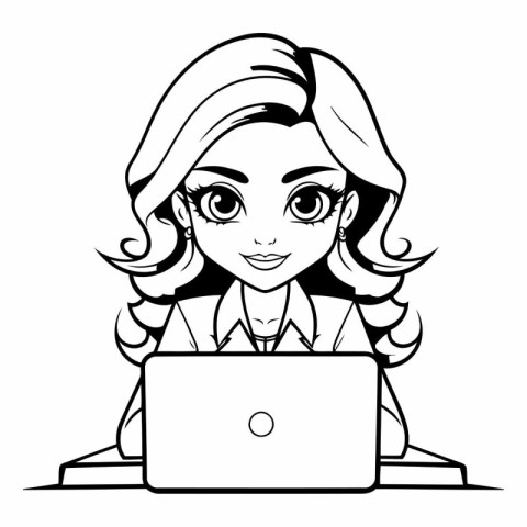 Black and White Cartoon Illustration of Businesswoman with Lapto