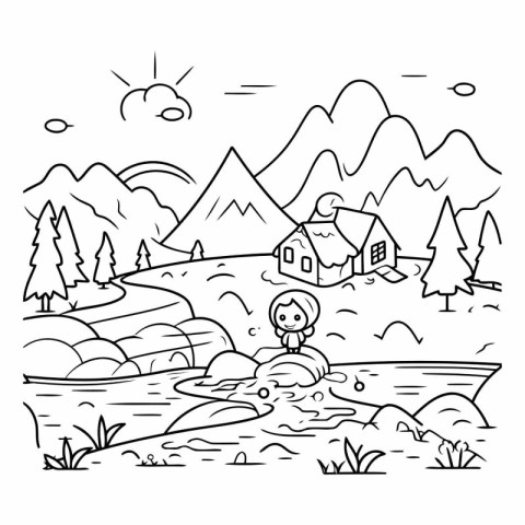 Mountain landscape with river and house. Hand drawn vector illus