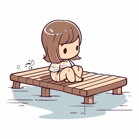 Girl sitting on a wooden deck chair in the water.