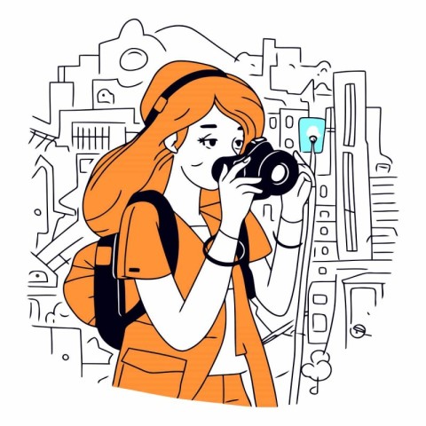 Tourist girl takes pictures of the city. Vector line art illustr