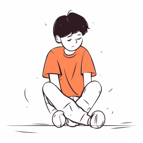 Sad boy sitting on the floor in sketch style.