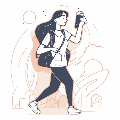 Illustration of a girl walking with a backpack and a bottle of w