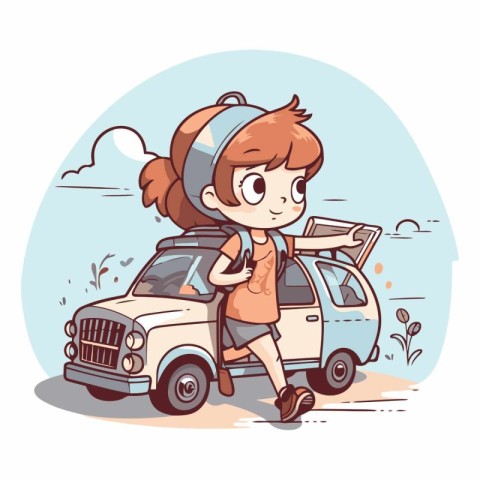 Cute little girl with car in cartoon style.