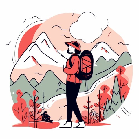 Vector illustration of a man with a backpack hiking in the mount