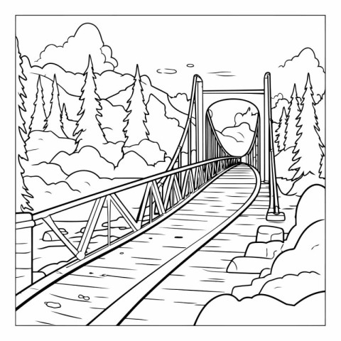 Bridge over the river. Black and white vector illustration for c