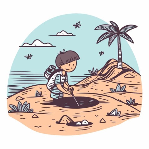 Boy playing on the beach in doodle style.