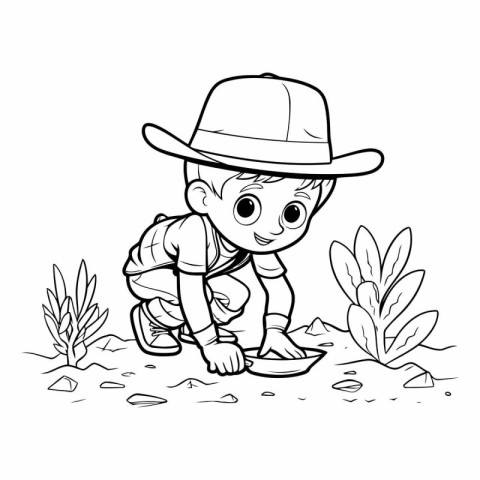 Outline illustration of a boy working on the farm. coloring book