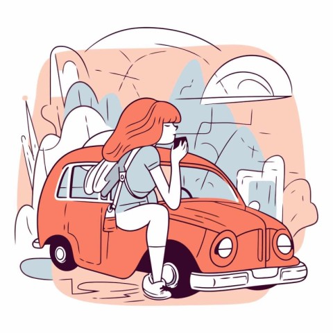 Girl traveling by car in cartoon style on a white background.