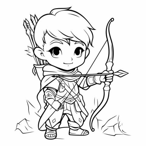 Cute little boy with bow and arrow for coloring book.