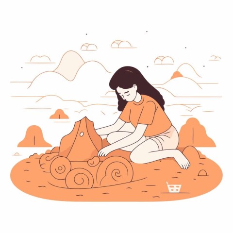 Vector illustration of a girl sitting on the sand and playing wi