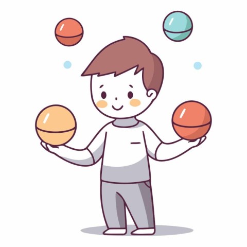 Illustration of a boy playing basketball with balls on a white b