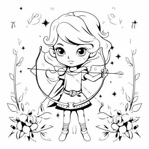 Cute cartoon girl with bow and arrow for coloring book.