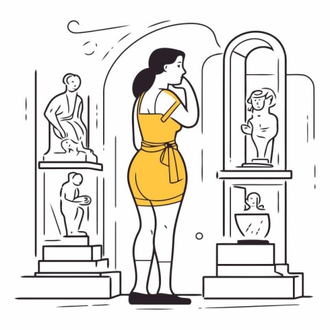 Woman looking at ancient statues in the museum in line art style